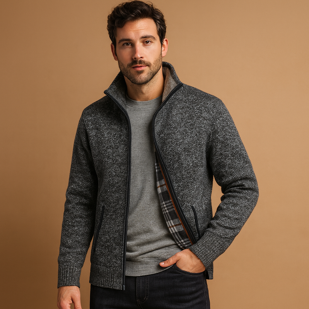 Men’s cable knit sweater with soft check lining, designed for warmth and versatile styling during autumn and winter.