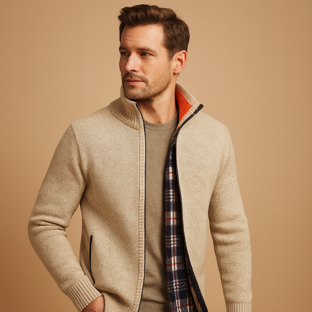 Men’s cable knit sweater with soft check lining, designed for warmth and versatile styling during autumn and winter.