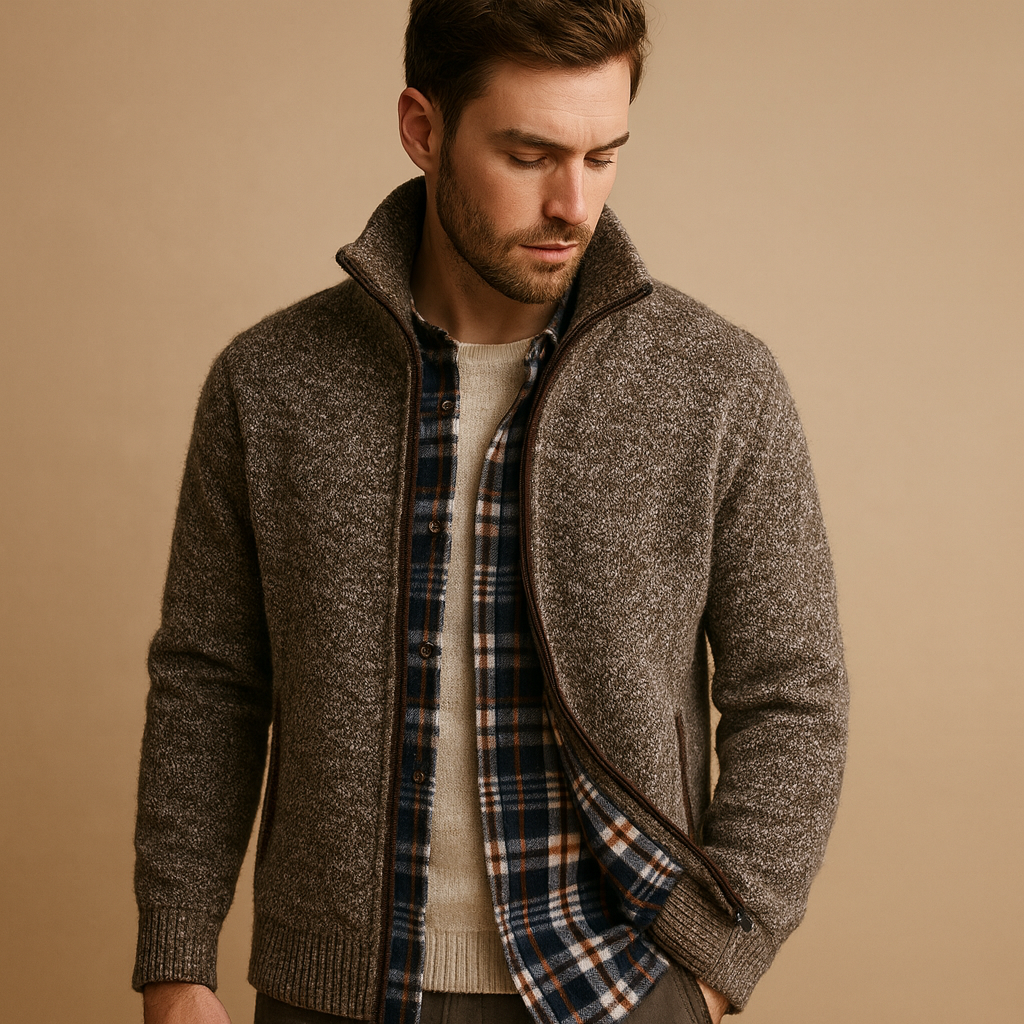 Men’s cable knit sweater with soft check lining, designed for warmth and versatile styling during autumn and winter.