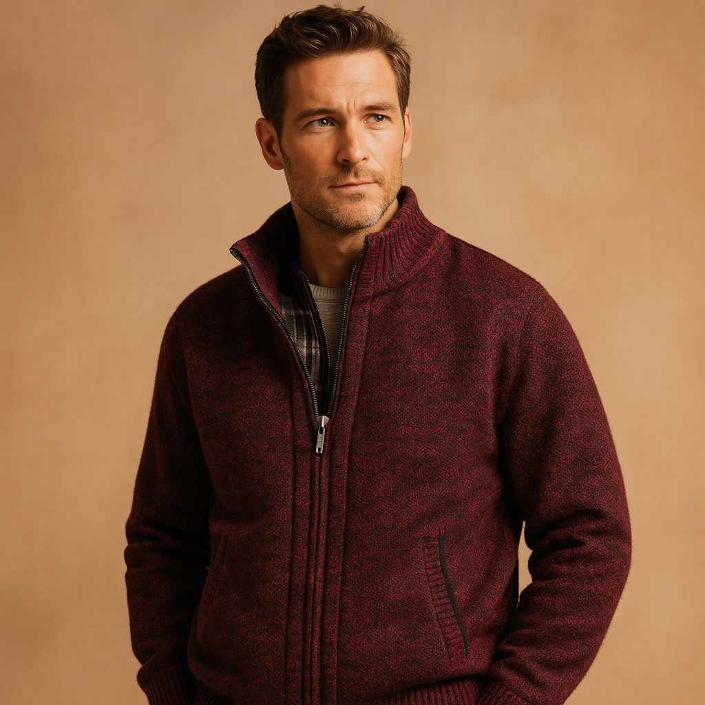 Men’s cable knit sweater with soft check lining, designed for warmth and versatile styling during autumn and winter.
