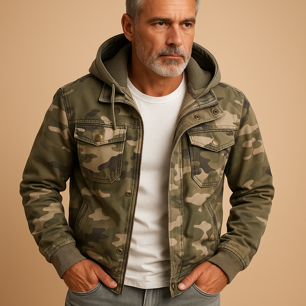 Men’s camouflage outdoor jacket with waterproof and durable design, adjustable cuffs, and deep pockets, suitable for outdoor activities and everyday wear.