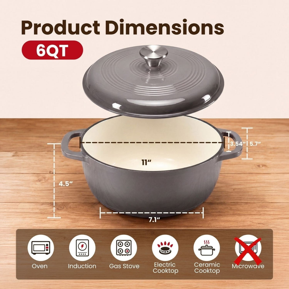 Cast Iron Dutch Oven Pot with Lid for Bread Baking and Braising 6 Quart Enameled - Image 3