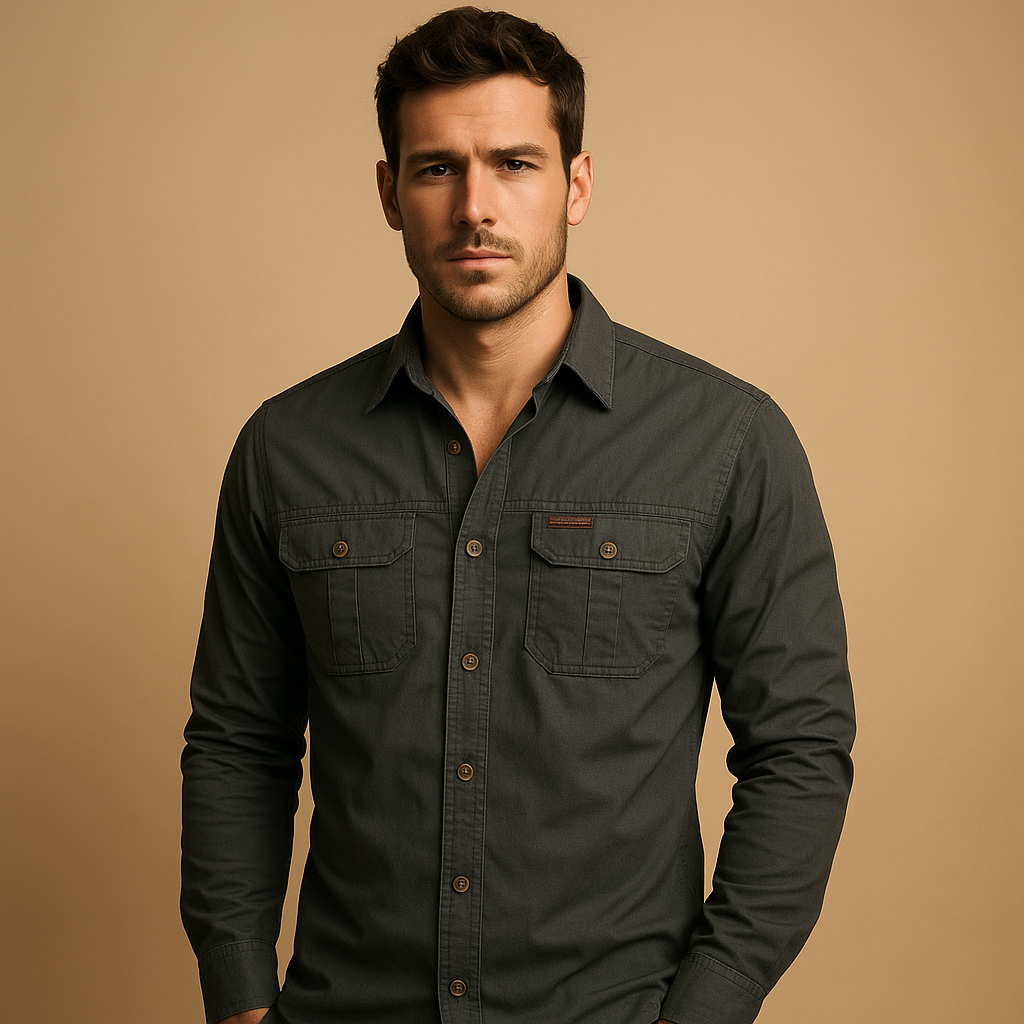 Casual cargo button-up shirt for men with a relaxed fit and practical pockets, ideal for outdoor activities, layering, and everyday casual outfits.