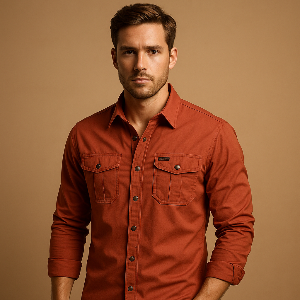Casual cargo button-up shirt for men with a relaxed fit and practical pockets, ideal for outdoor activities, layering, and everyday casual outfits.