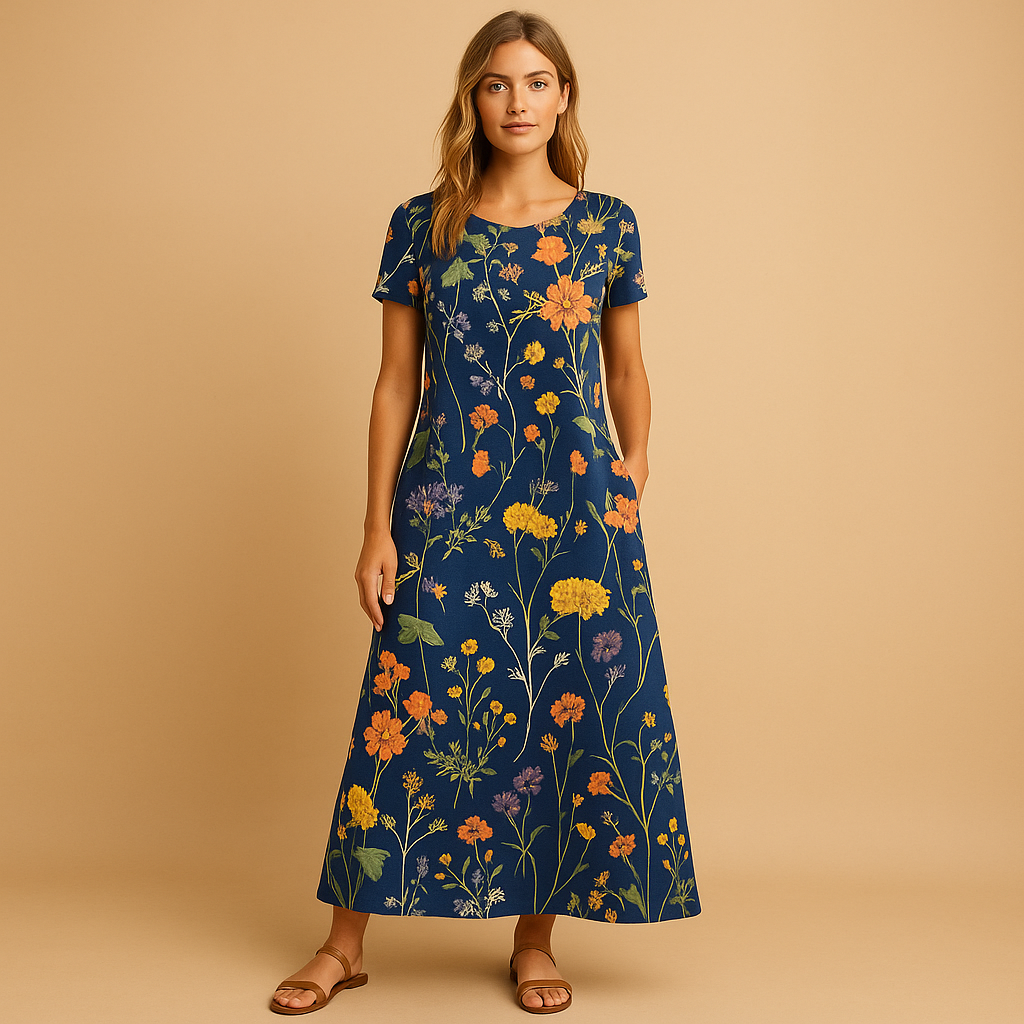 Casual floral midi dress for women with comfortable fit and refined details, ideal for work, dinners, and everyday wear.