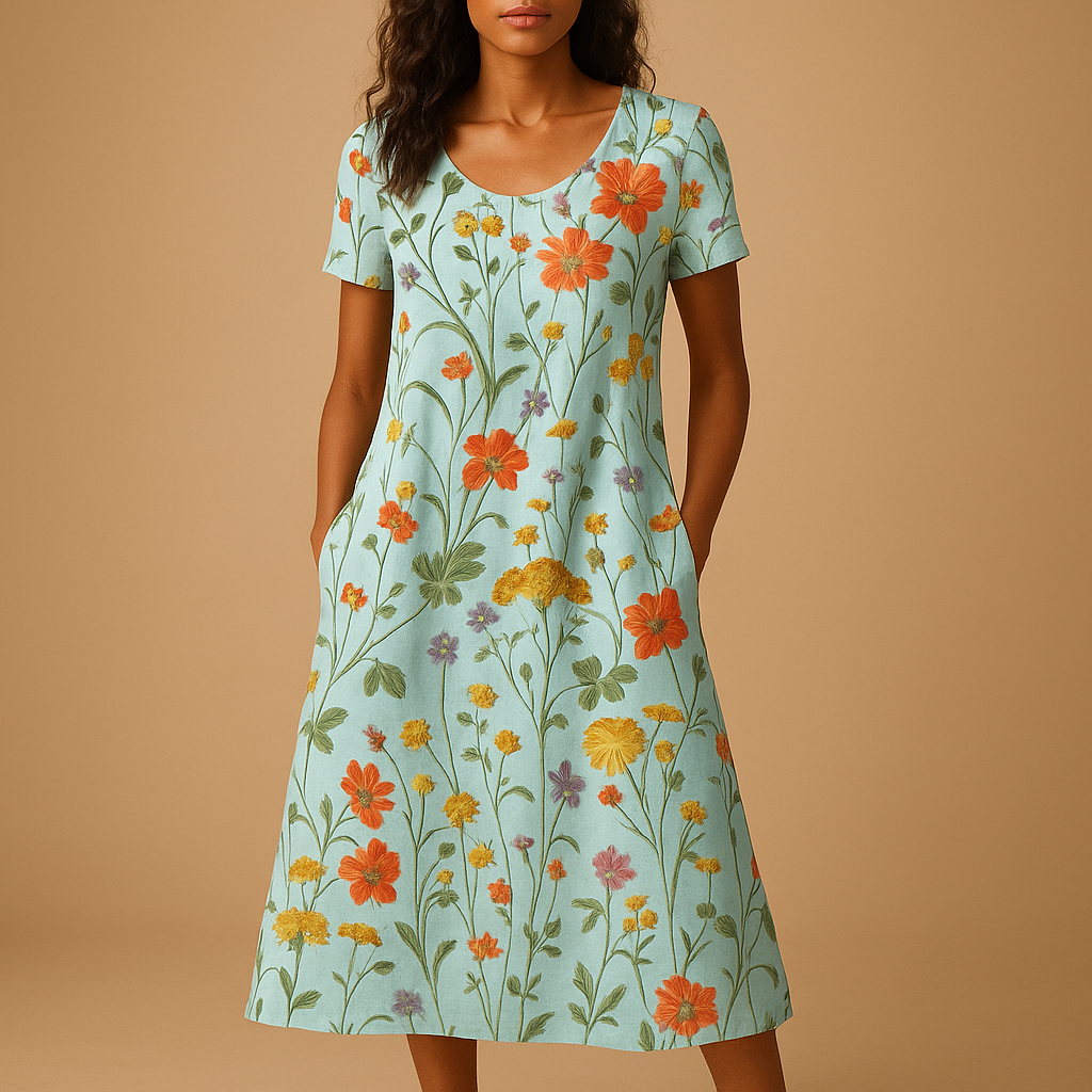 Casual floral midi dress for women with comfortable fit and refined details, ideal for work, dinners, and everyday wear.