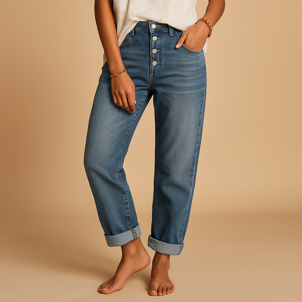 Women’s casual high waisted loose fit jeans in classic denim blue with a relaxed silhouette, perfect for everyday outfits and modern casual style.