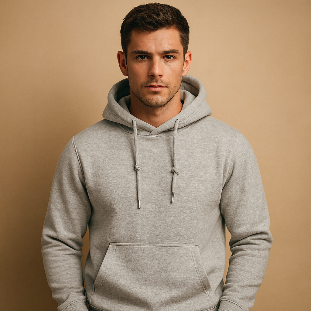 Men’s casual hoodie with adjustable drawstring hood and kangaroo pocket, designed for everyday comfort and versatile all-season wear.