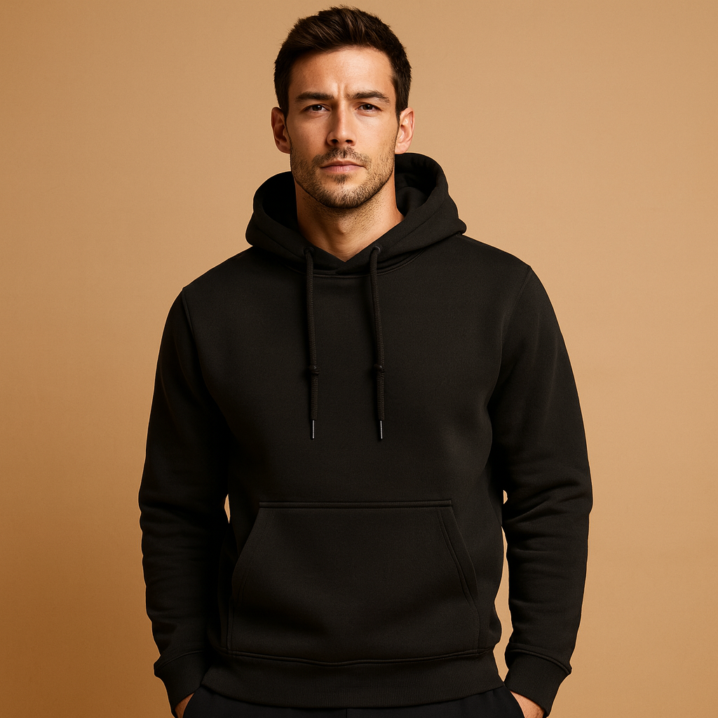 Men’s casual hoodie with adjustable drawstring hood and kangaroo pocket, designed for everyday comfort and versatile all-season wear.