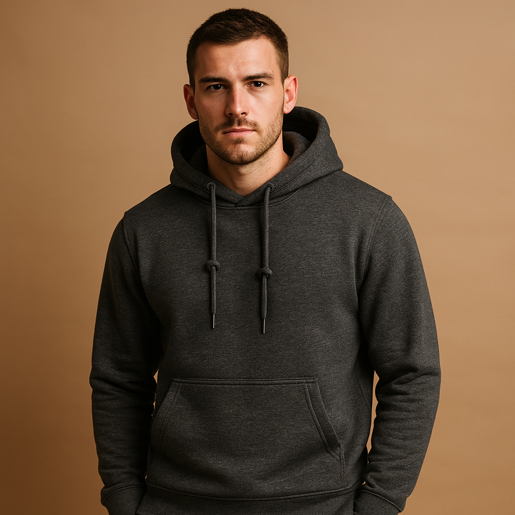 Men’s casual hoodie with adjustable drawstring hood and kangaroo pocket, designed for everyday comfort and versatile all-season wear.
