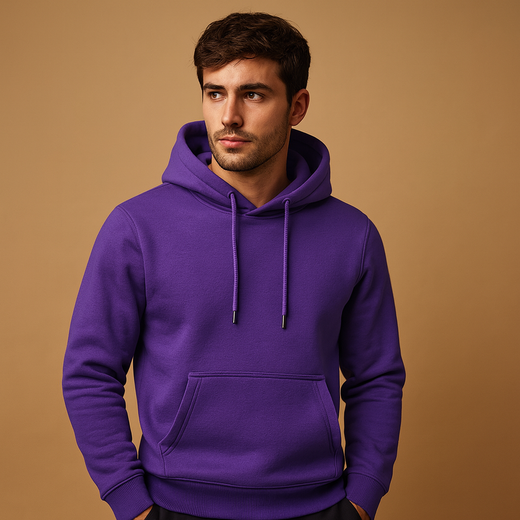 Men’s casual hoodie with adjustable drawstring hood and kangaroo pocket, designed for everyday comfort and versatile all-season wear.