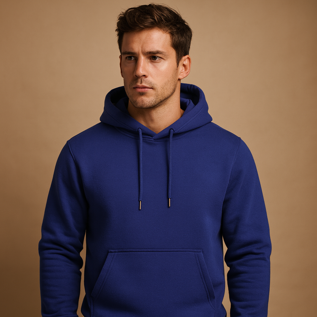 Men’s casual hoodie with adjustable drawstring hood and kangaroo pocket, designed for everyday comfort and versatile all-season wear.