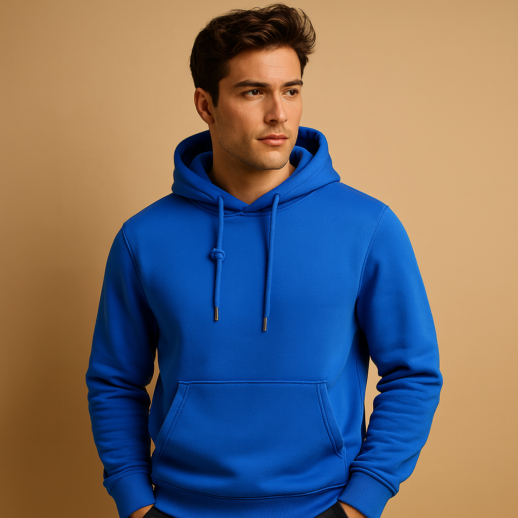 Men’s casual hoodie with adjustable drawstring hood and kangaroo pocket, designed for everyday comfort and versatile all-season wear.