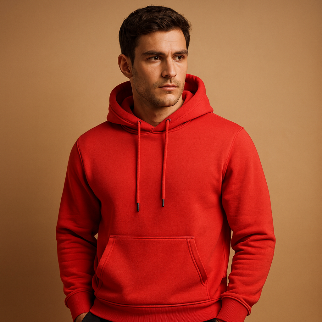Men’s casual hoodie with adjustable drawstring hood and kangaroo pocket, designed for everyday comfort and versatile all-season wear.