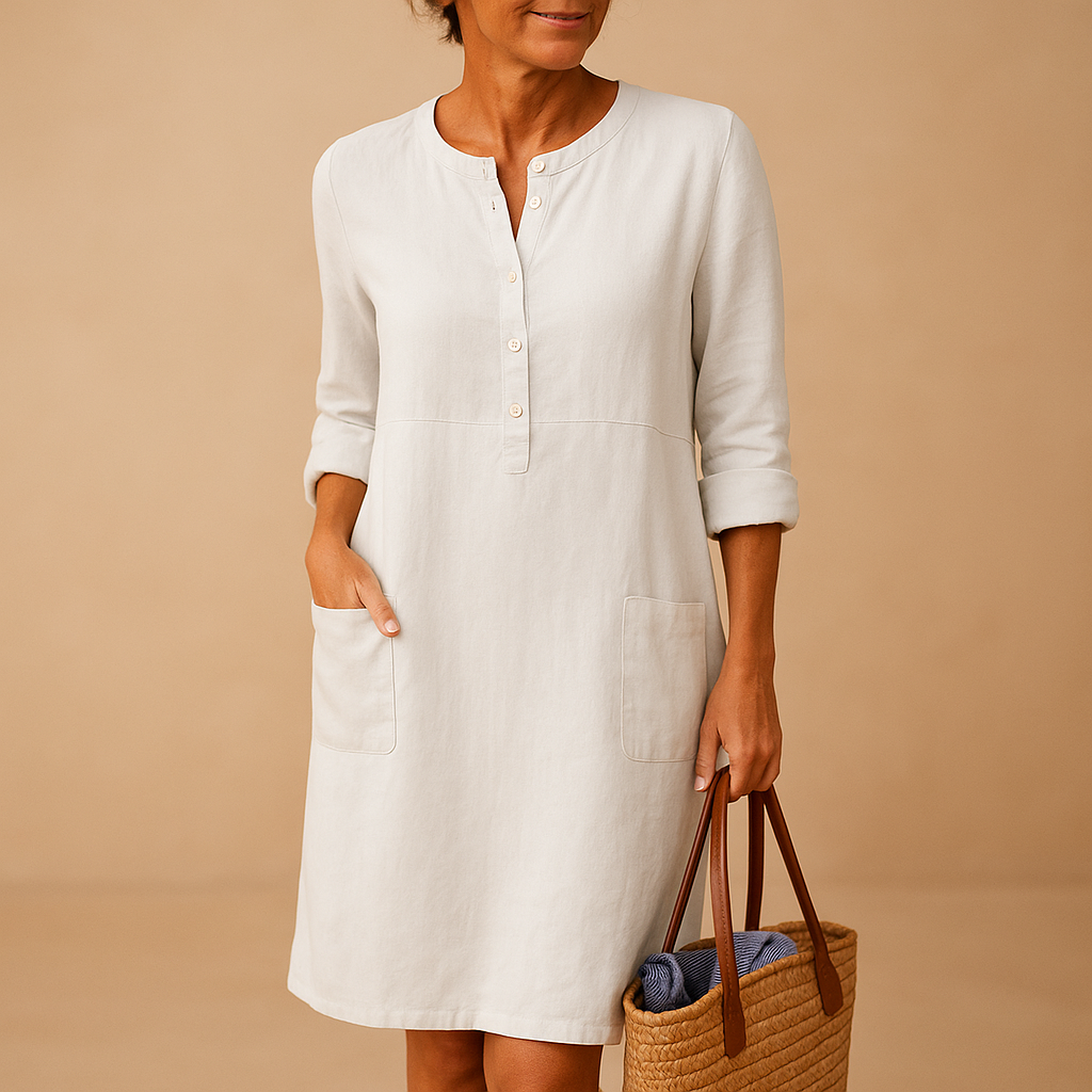 Women’s casual long button front dress with rolled sleeves and side pockets in beige, olive green or black, ideal for everyday wear and weekends.