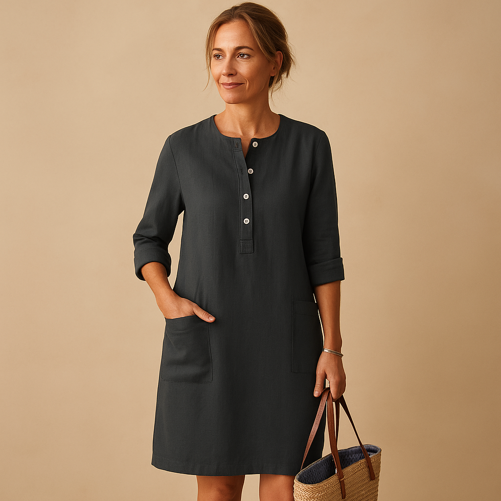 Women’s casual long button front dress with rolled sleeves and side pockets in beige, olive green or black, ideal for everyday wear and weekends.