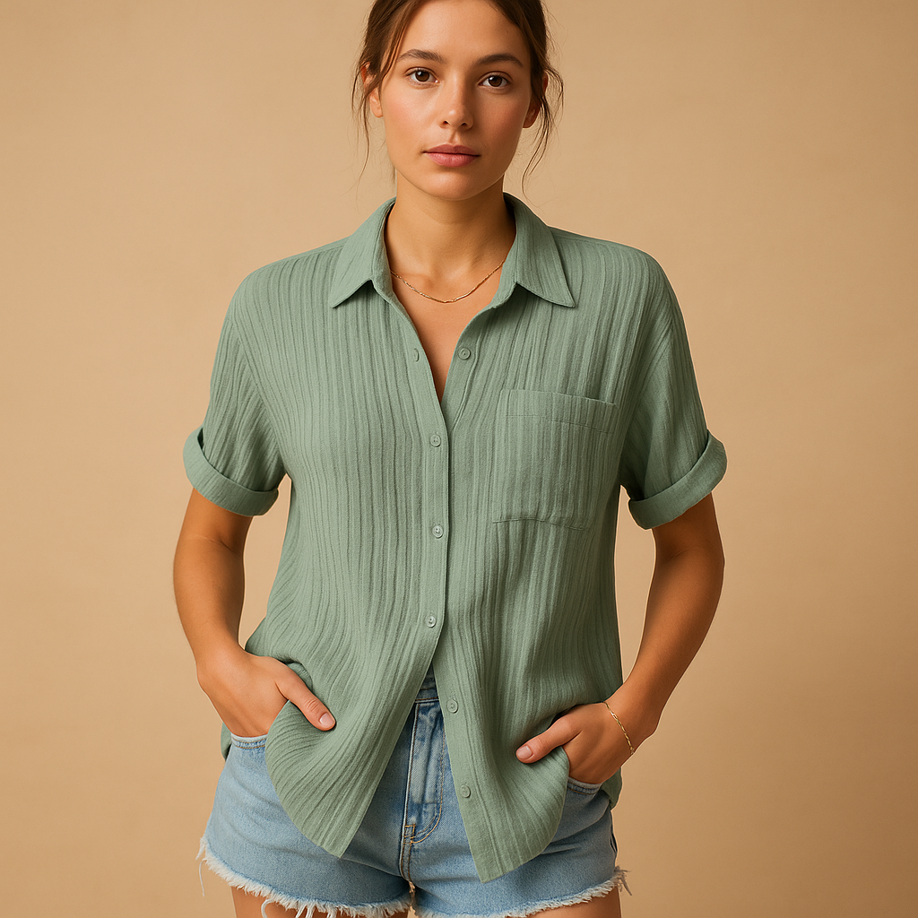 Women’s casual short-sleeve polo with a light flattering fit, classic collar, and chest pocket, ideal for summer outings and everyday wear.