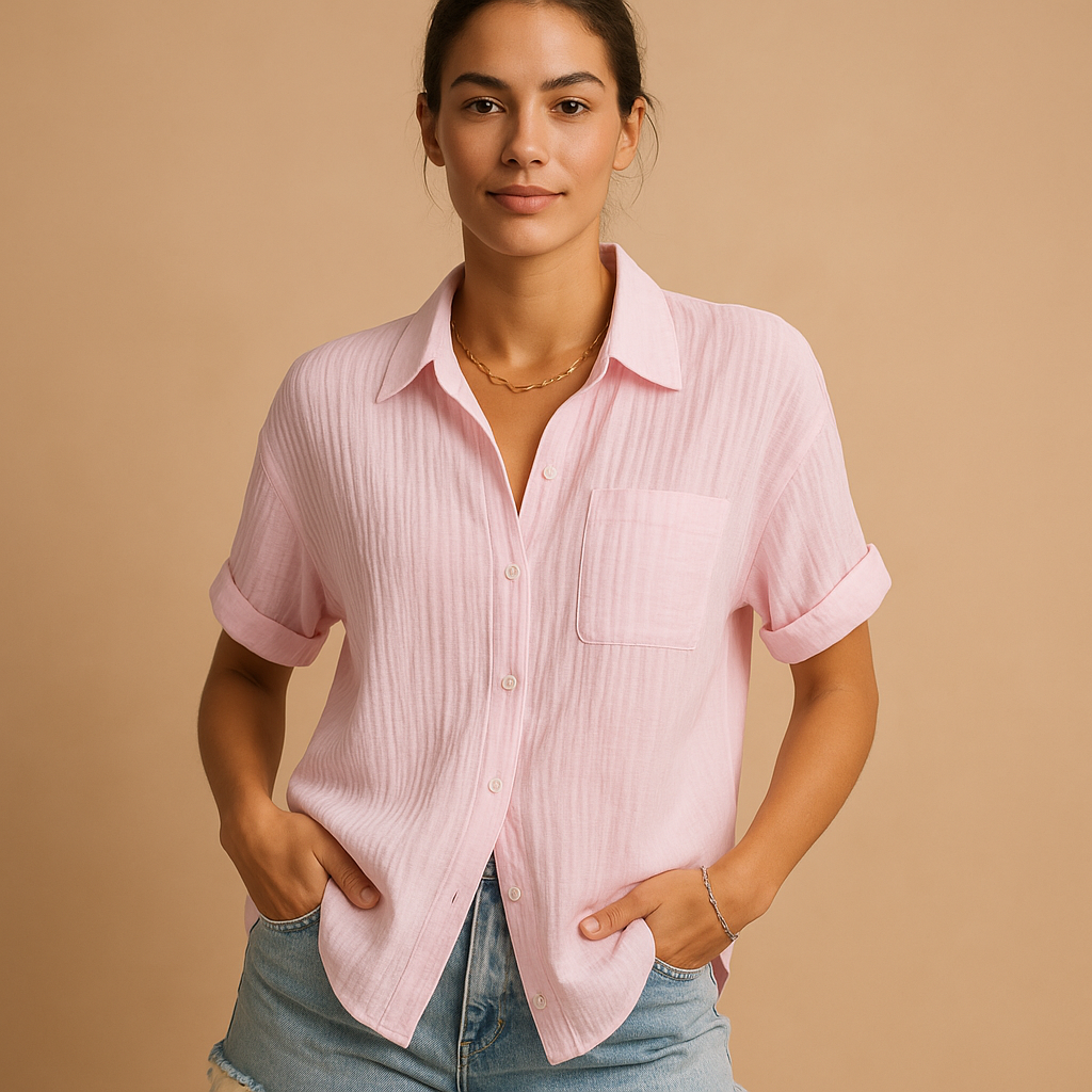 Women’s casual short-sleeve polo with a light flattering fit, classic collar, and chest pocket, ideal for summer outings and everyday wear.