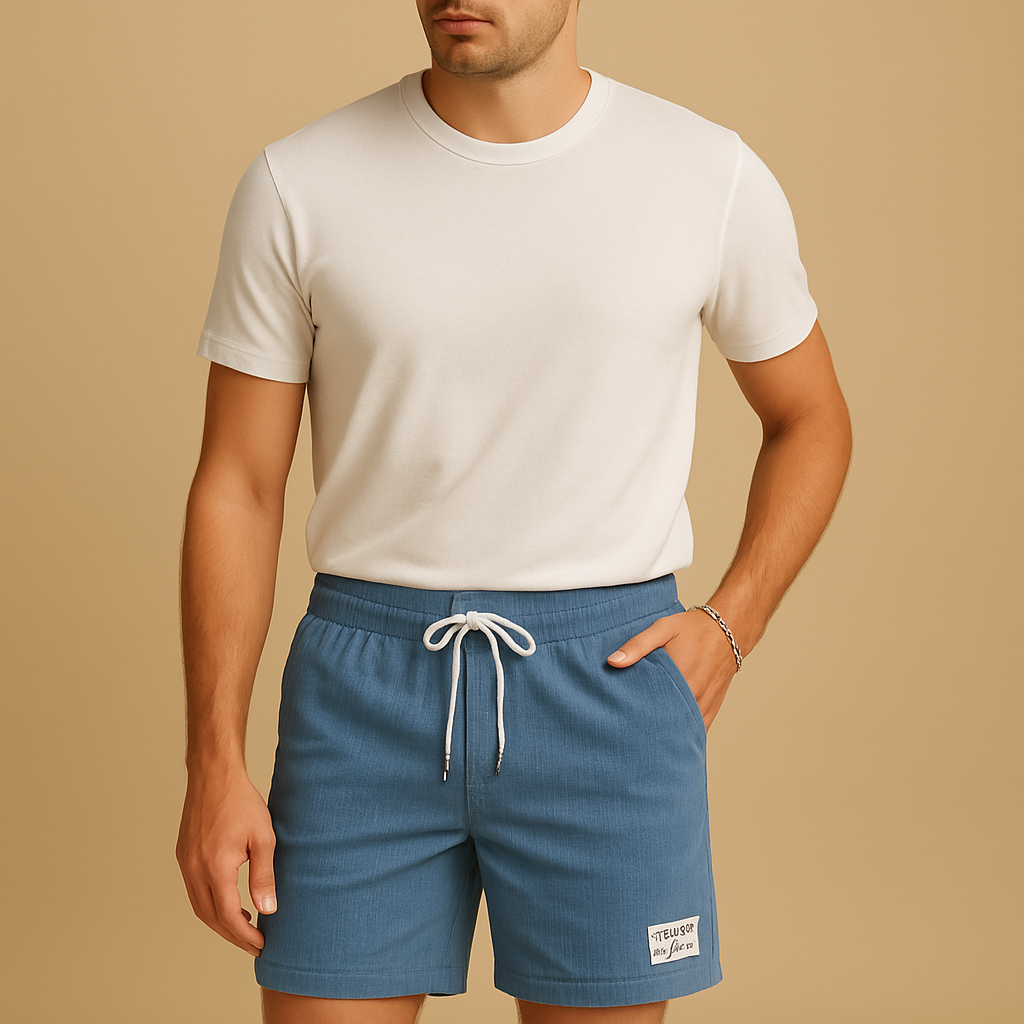 Men’s casual structured summer shorts with elastic waistband and drawstring, perfect for beach days, lounging, and warm weather outfits.
