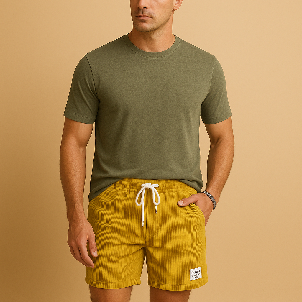 Men’s casual structured summer shorts with elastic waistband and drawstring, perfect for beach days, lounging, and warm weather outfits.