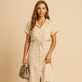Chic midi dress with short sleeves for women featuring a flattering fit, ideal for office wear, formal events, and casual outings.