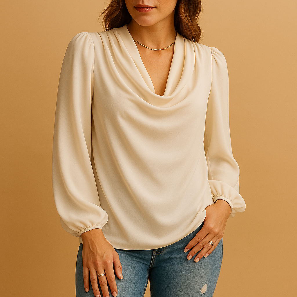 Women’s chiffon blouse with V-neck and puff sleeves in soft colors, ideal for casual outings and refined formal looks.