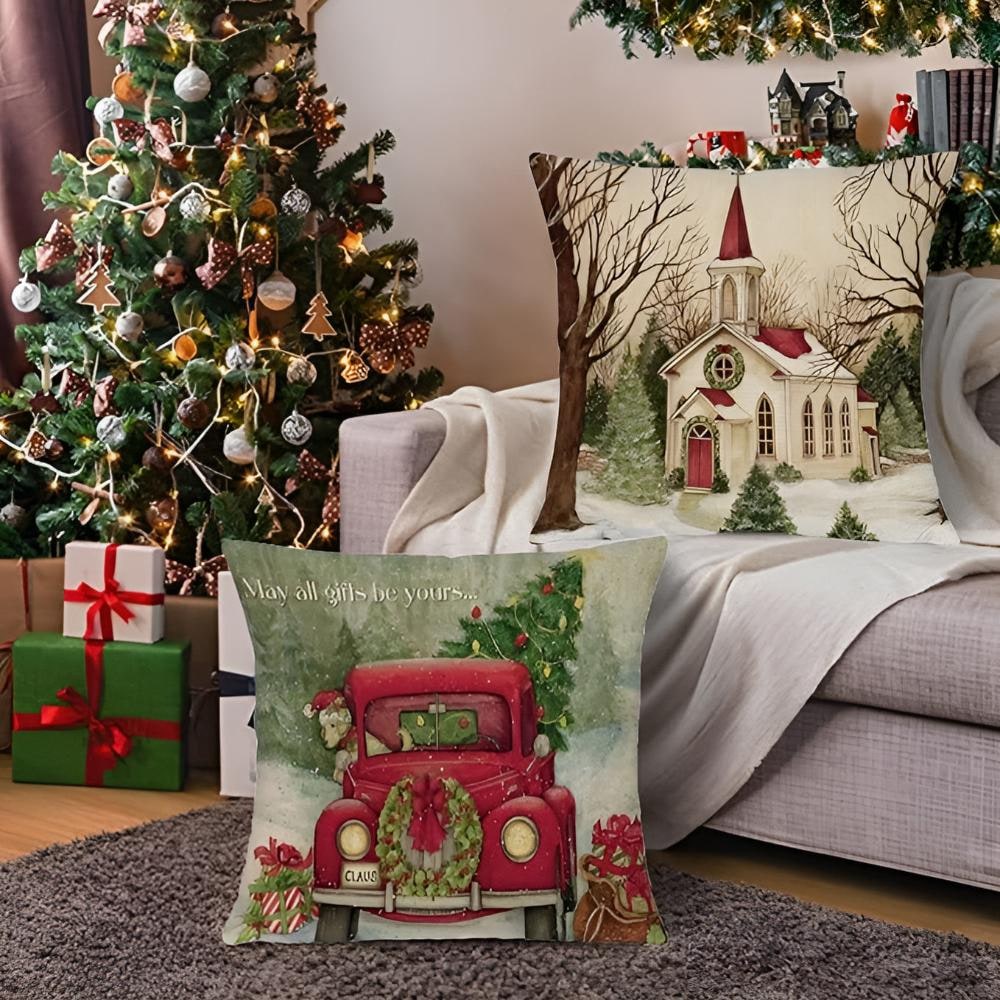 Christmas Pillow Cover Square Throw with Polyester Linen and Hidden Zipper - Image 1