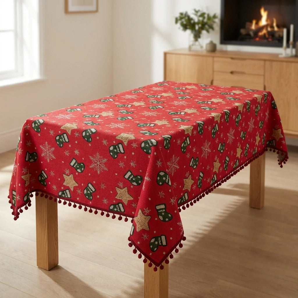 Christmas Tablecloth with Pom-Pom Fringe Snowflake and Stocking Pattern Festive Holiday Table Linens - Image 1