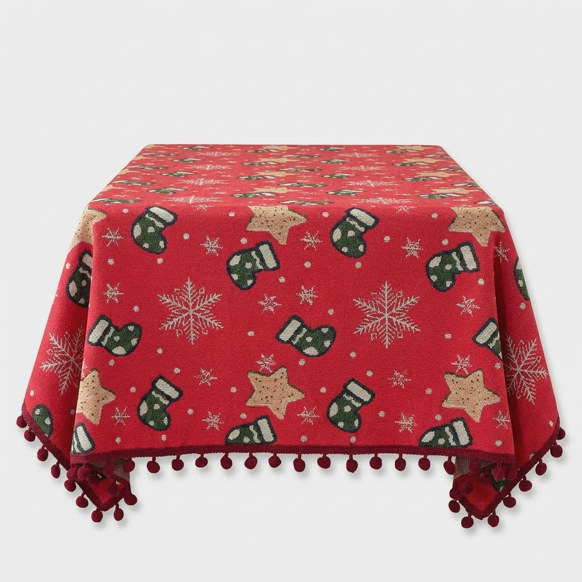 Christmas Tablecloth with Pom-Pom Fringe Snowflake and Stocking Pattern Festive Holiday Table Linens - Image 3