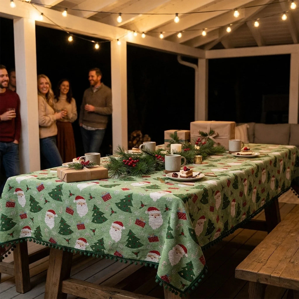 Christmas Tablecloth with Pom-Pom Trim Woven Festive Holiday Table Linens - Image 4