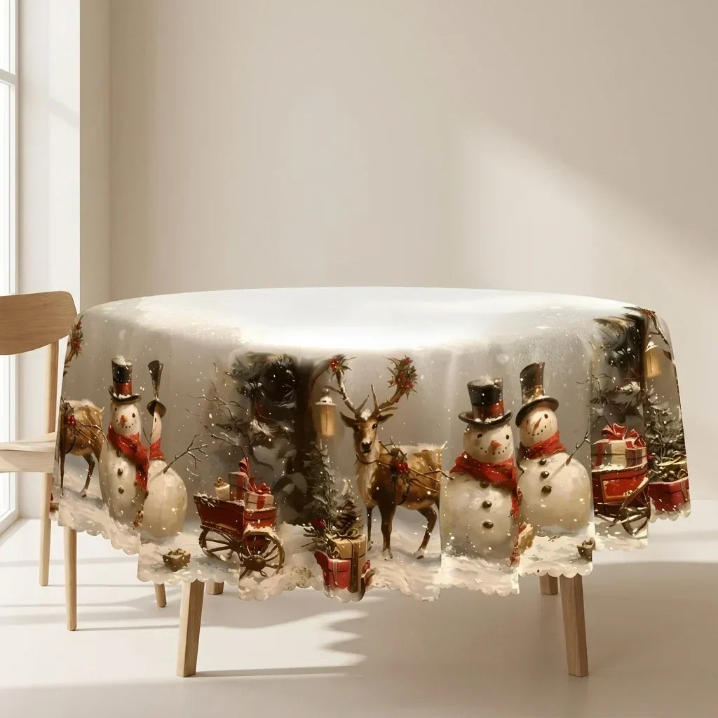 Christmas Tablecloth with Snowman and Reindeer Design Festive White Cloth with Scalloped Hem - Image 1