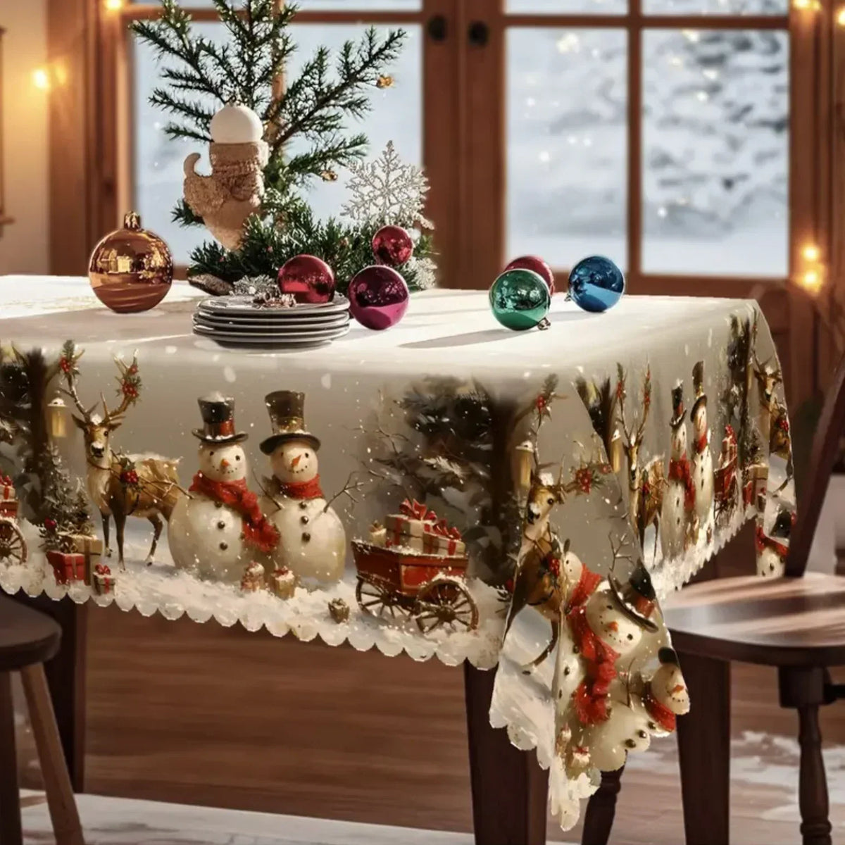 Christmas Tablecloth with Snowman and Reindeer Design Festive White Cloth with Scalloped Hem - Image 4