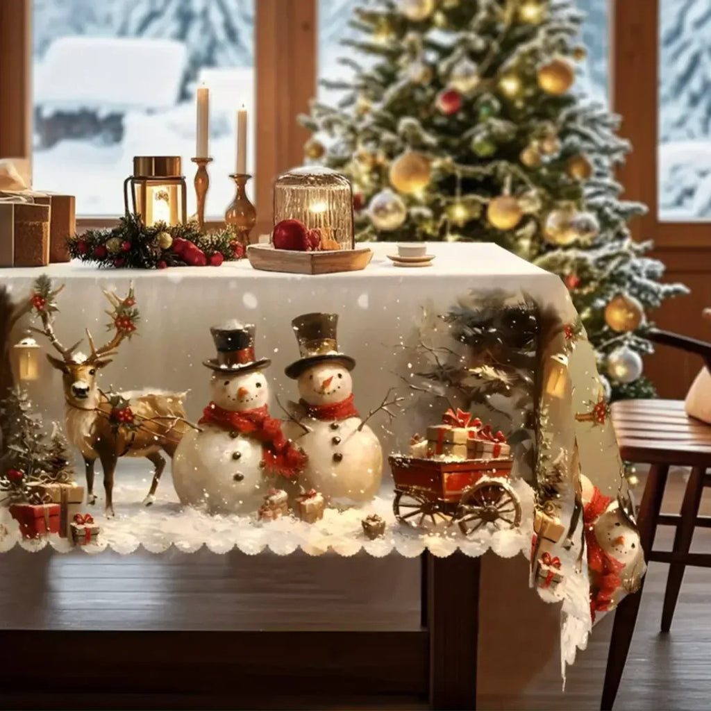 Christmas Tablecloth with Snowman and Reindeer Design Festive White Cloth with Scalloped Hem - Image 5