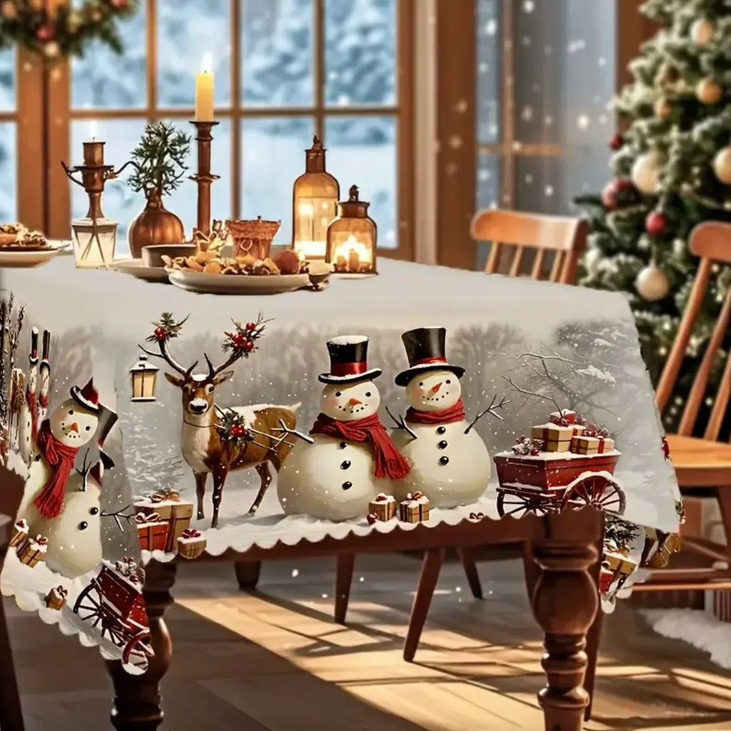 Christmas Tablecloth with Snowman and Reindeer Design Festive White Cloth with Scalloped Hem - Image 6