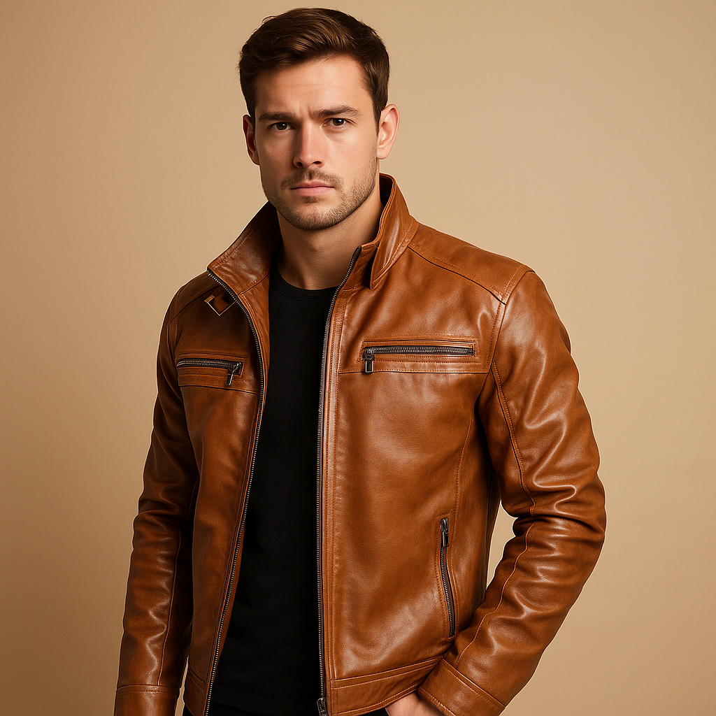 Men’s classic biker jacket with zipper details and shoulder accents, suitable for everyday wear and motorcycle rides.