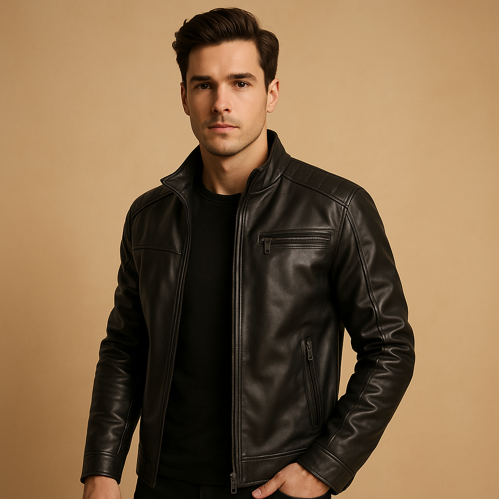 Men’s classic biker jacket with zipper details and shoulder accents, suitable for everyday wear and motorcycle rides.