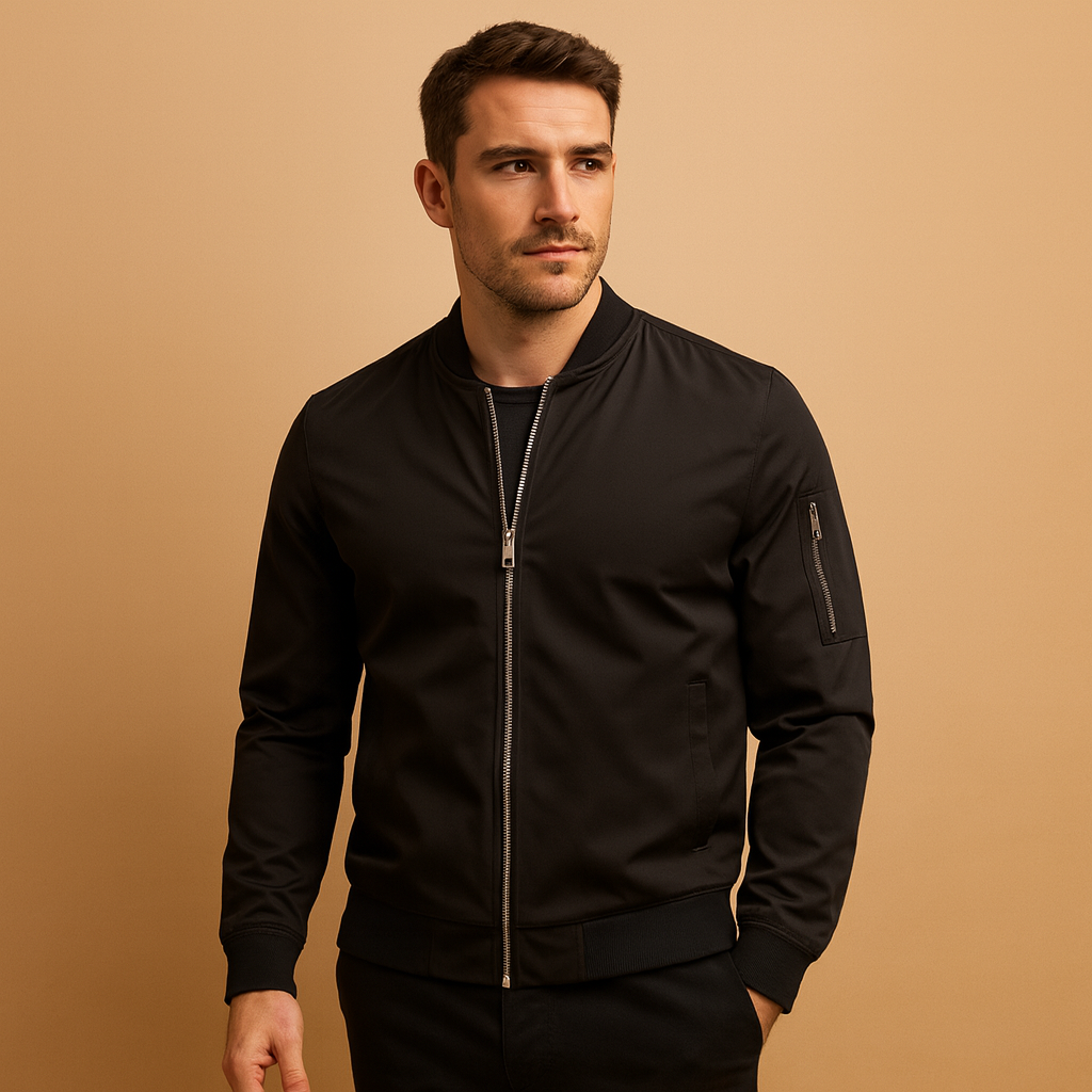 Men’s classic bomber jacket with front zip fastening, lightweight design, and comfortable fit, ideal for casual outfits and year-round wear.