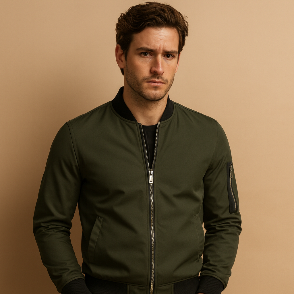 Men’s classic bomber jacket with front zip fastening, lightweight design, and comfortable fit, ideal for casual outfits and year-round wear.