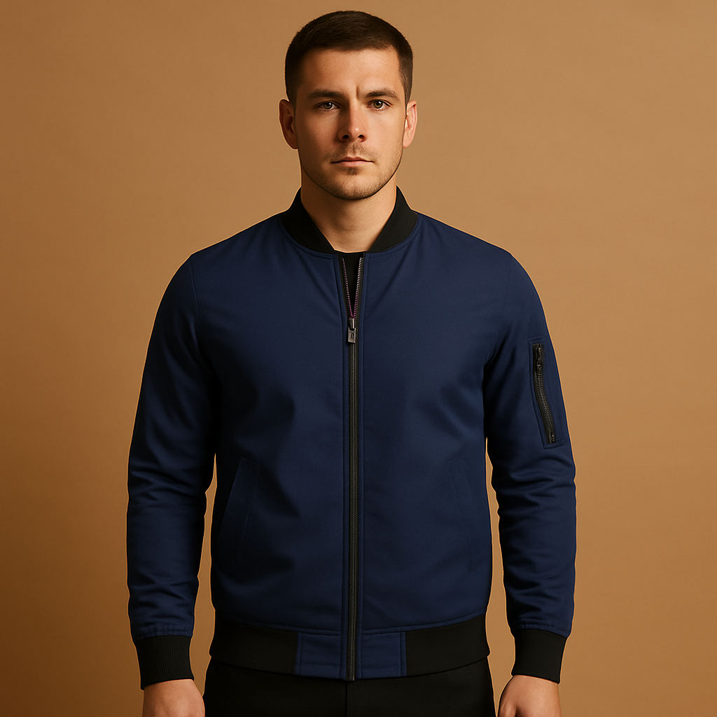 Men’s classic bomber jacket with front zip fastening, lightweight design, and comfortable fit, ideal for casual outfits and year-round wear.