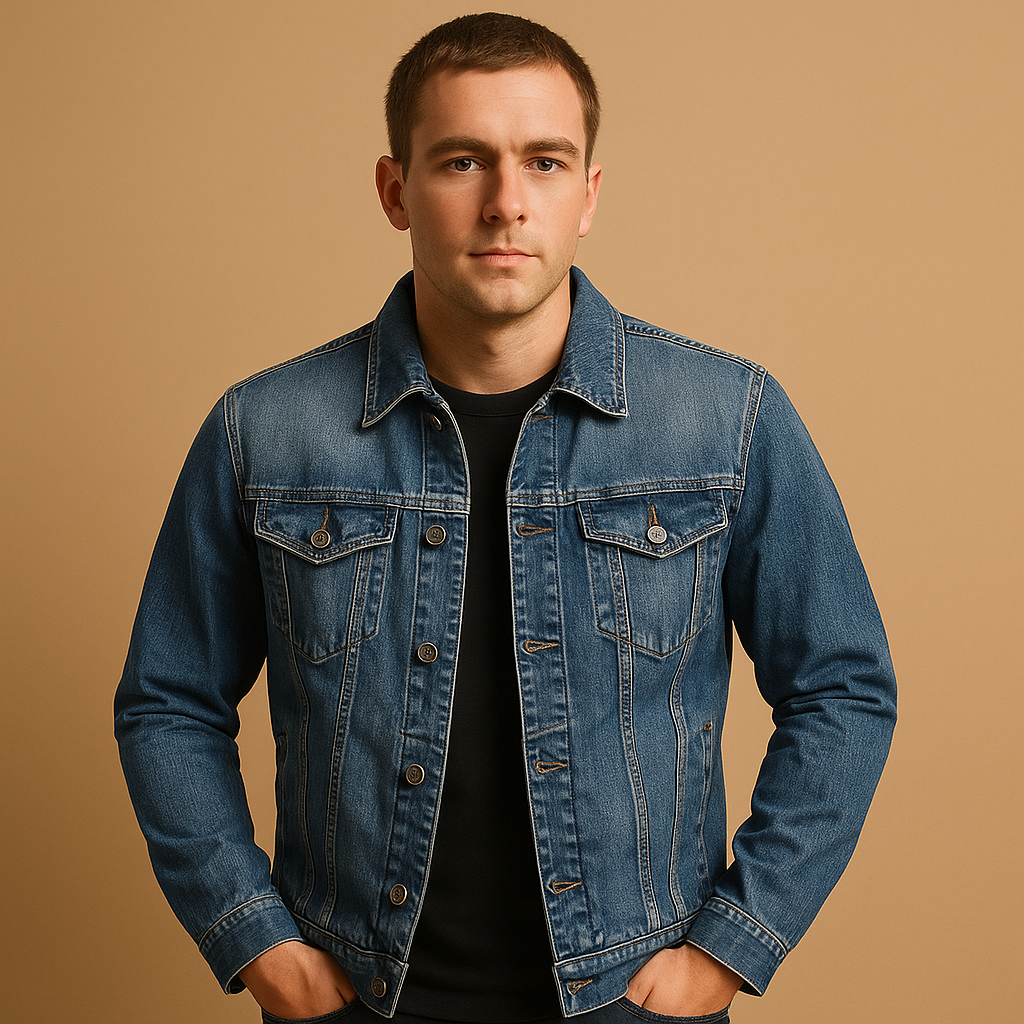 Men’s classic denim jacket in deep blue with a comfortable fit, designed for everyday wear, casual outfits, and cool outdoor days.
