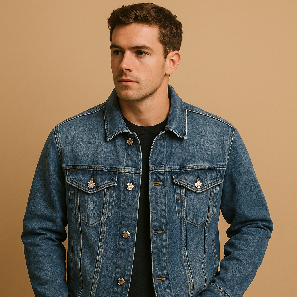 Men’s classic denim jacket in deep blue with a comfortable fit, designed for everyday wear, casual outfits, and cool outdoor days.