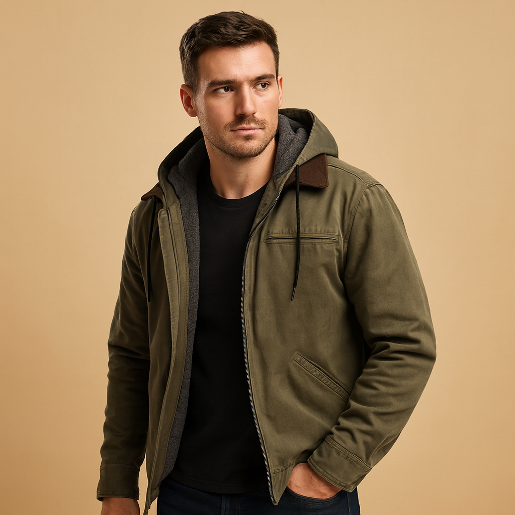 Men’s classic hooded zip-up sweatshirt with a soft inner lining and relaxed fit, suitable for everyday wear and cool-weather activities.