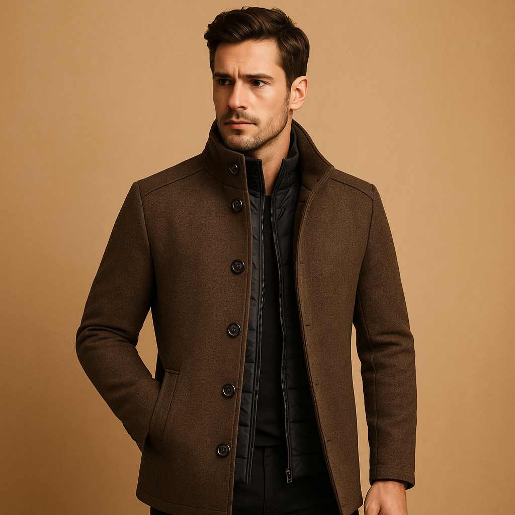 Men’s classic winter coat with a tailored fit and mandarin collar, suitable for formal occasions and everyday wear during autumn and winter.