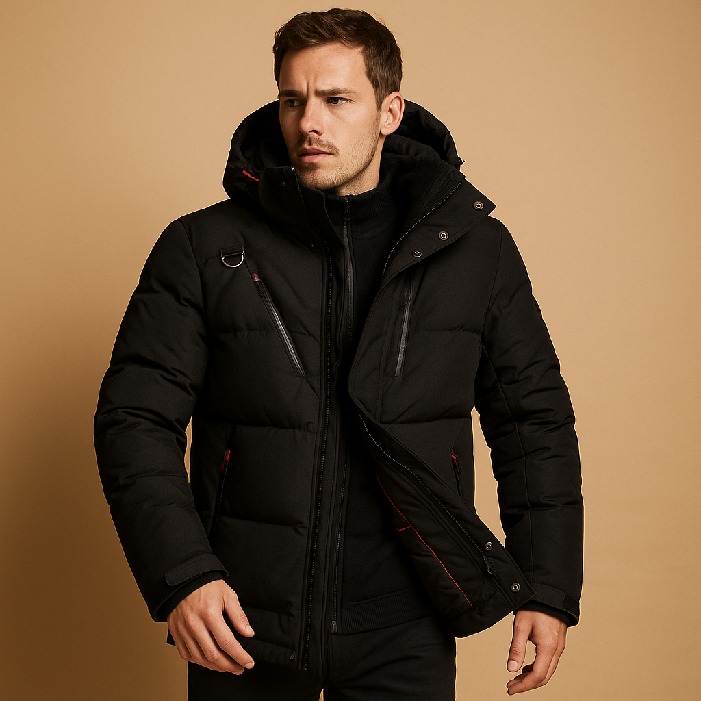 Men’s comfortable down parka with removable hood and regular fit, designed for winter wear and outdoor activities.