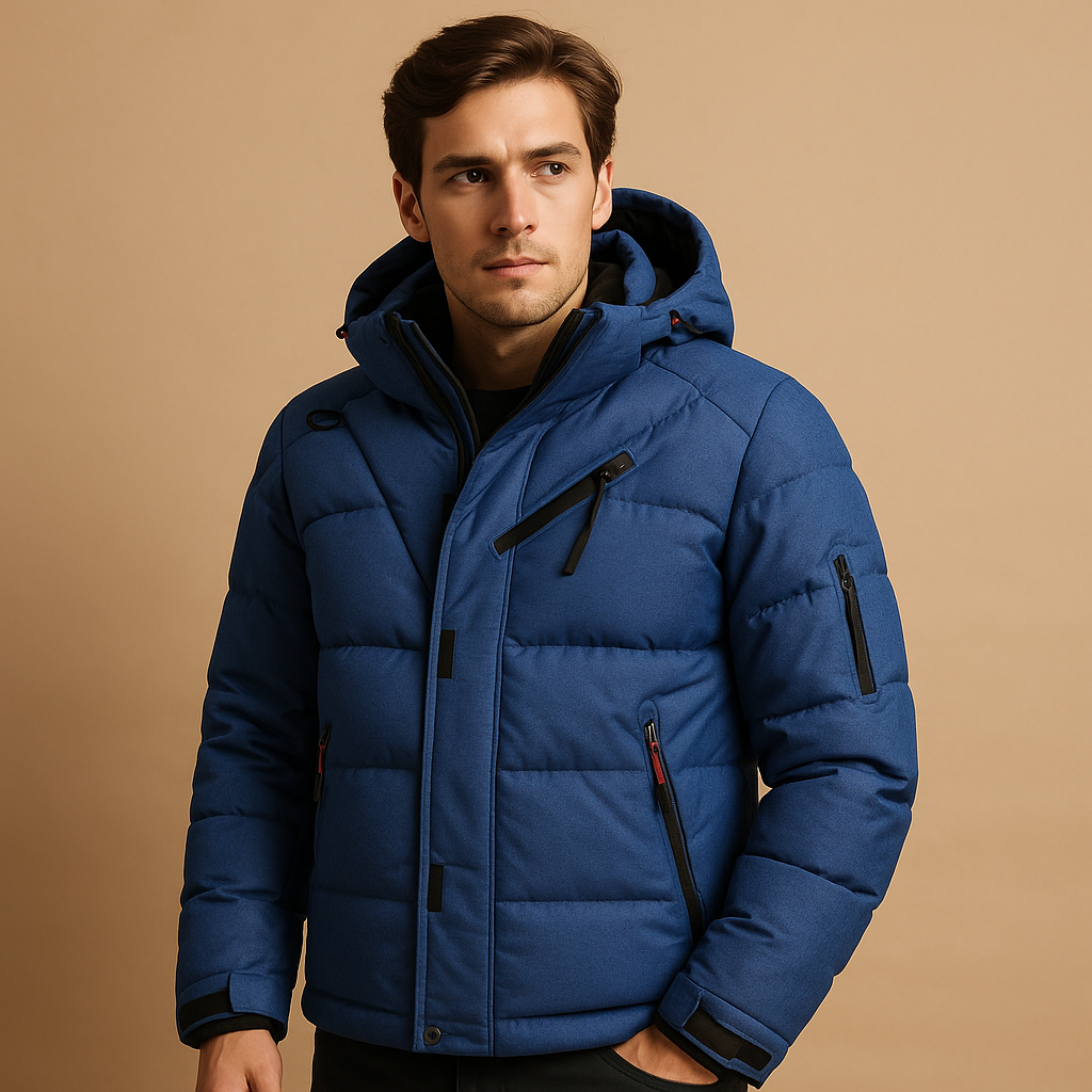 Men’s comfortable down parka with removable hood and regular fit, designed for winter wear and outdoor activities.