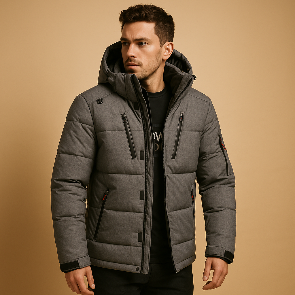Men’s comfortable down parka with removable hood and regular fit, designed for winter wear and outdoor activities.