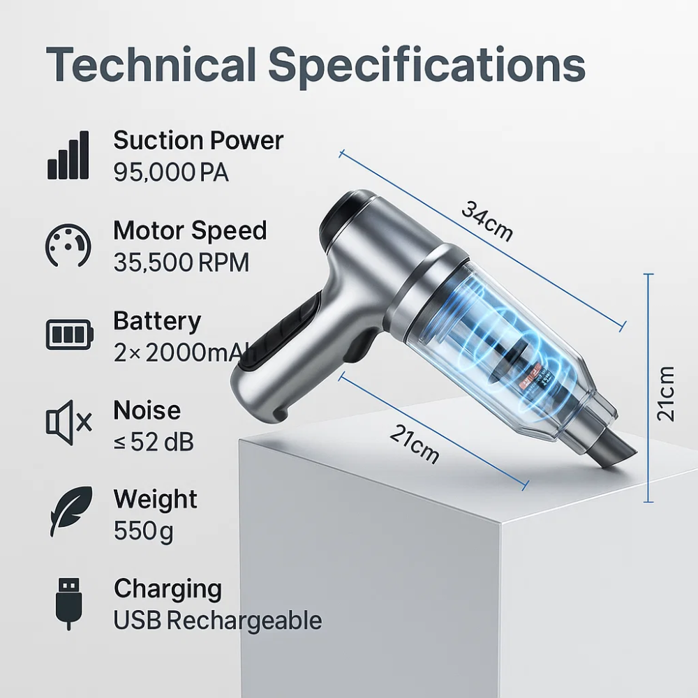 Cordless Handheld Car Vacuum Cleaner with Six Attachments and USB Charging - Image 6