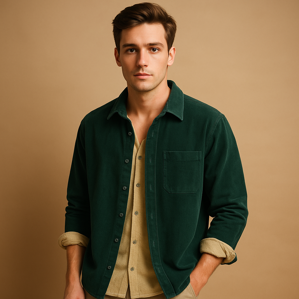 Corduroy casual button-up shirt for men with a soft ribbed texture and comfortable fit, ideal for layering, casual outfits, and everyday wear.