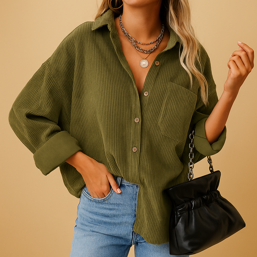 Corduroy knit jacket for women with rib-knit details, relaxed fit, and earth-tone colors, ideal for everyday wear across all seasons.