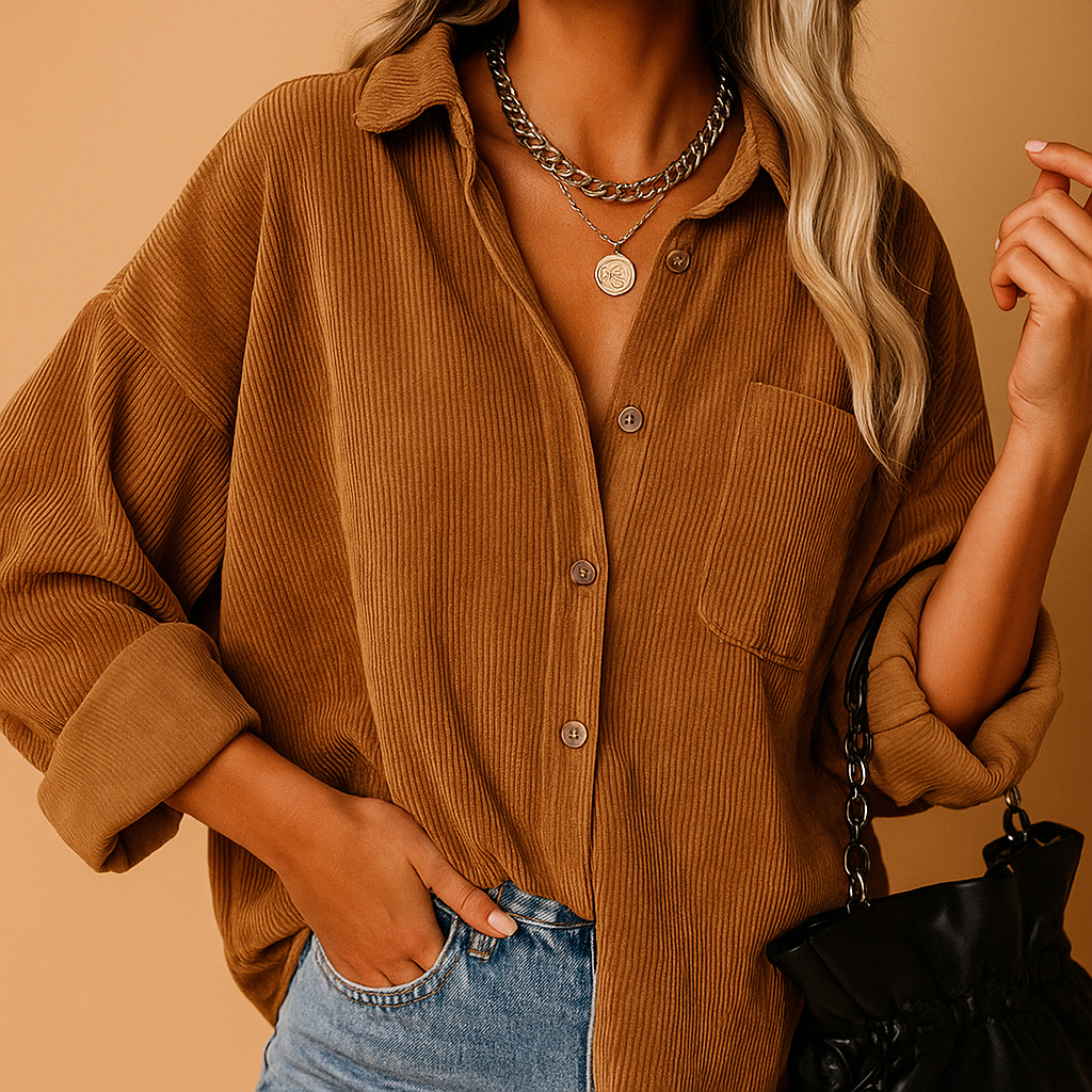 Corduroy knit jacket for women with rib-knit details, relaxed fit, and earth-tone colors, ideal for everyday wear across all seasons.